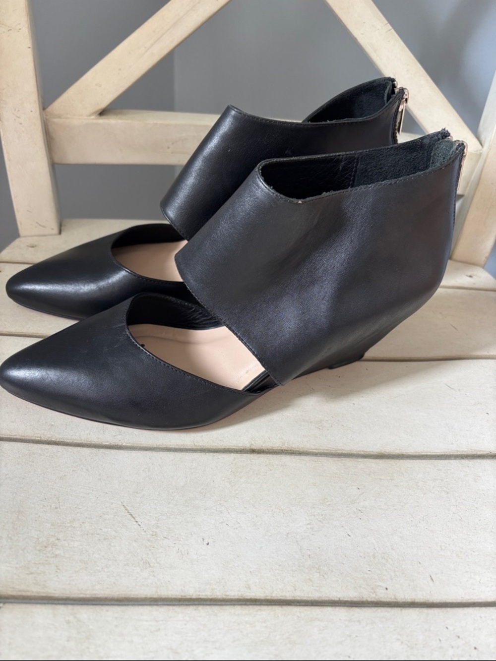 Loeffler Randall Annie black leather cut-out wedge boots Cutout PointedToe Mules